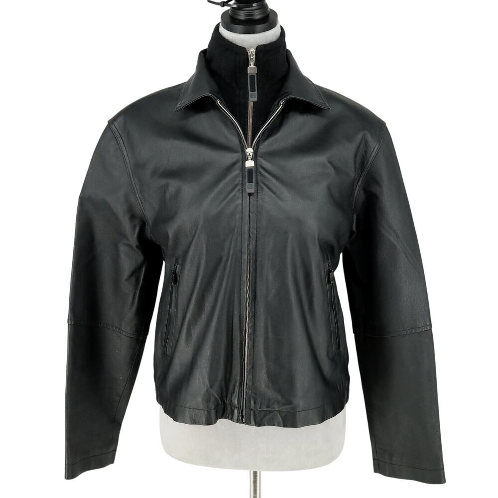 Kenneth Cole Reaction Jacket Coat Womens Medium Black Leather Full Zip Mock Neck